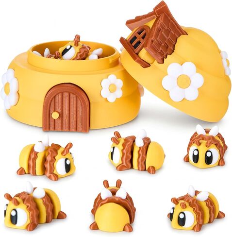 Honoson 6 Pcs 3D Printed Bees with Beehive Honeycomb 3D Printed Little Animals Figurines Articulated Flexible Fidget for Home Office Desk Decor Autism Stress Relief Fidget for Adult in Kuwait