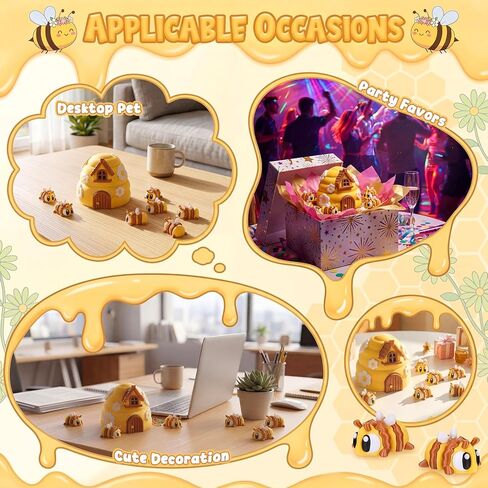 Honoson 6 Pcs 3D Printed Bees with Beehive Honeycomb 3D Printed Little Animals Figurines Articulated Flexible Fidget for Home Office Desk Decor Autism Stress Relief Fidget for Adult in Kuwait
