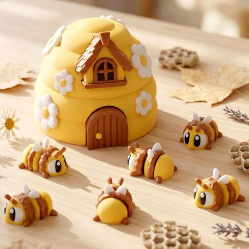 Honoson 6 Pcs 3D Printed Bees with Beehive Honeycomb 3D Printed Little Animals Figurines Articulated Flexible Fidget for Home Office Desk Decor Autism Stress Relief Fidget for Adult in Kuwait