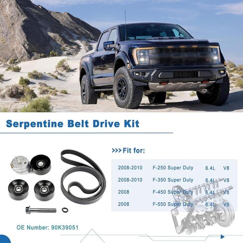 AUCERAMIC Engine Serpentine Belt Drive Kit for 2008-2010 Ford F-250 Super Duty/F-350 Super Duty, 2008 Ford F-450 Super Duty/F-550 Super Duty 6.4L V8 Replace# 90K39051 in Kuwait