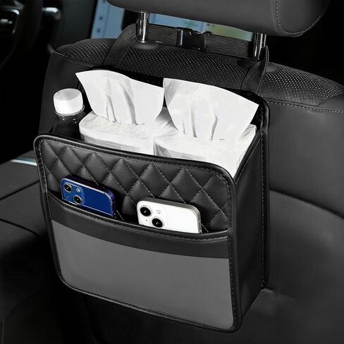 Car Seat Back Organizer, Leather Backseat Hanging Storage Bag, Multipurpose Car Hanging Trash Bag with 2 Compartments, Car Large Capacity Pouch Pocket for Kids & Adults (Black) in Saudi Arabia