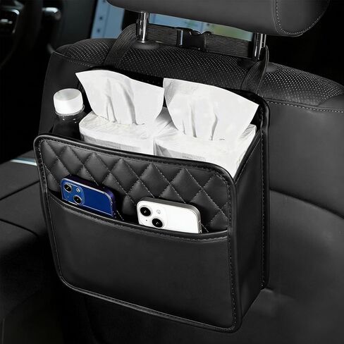 Car Seat Back Organizer, Leather Backseat Hanging Storage Bag, Multipurpose Car Hanging Trash Bag with 2 Compartments, Car Large Capacity Pouch Pocket for Kids & Adults (Black) in Saudi Arabia