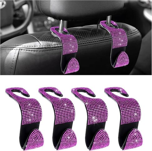 4 PCS Bling Car Seat Headrest Hooks, Rhinestone Vehicle Backseat Storage Hanger Backpack Hook, Sparkly Multi-Functional Headrest Purse Holder for Car Truck SUV RV (Black) in Saudi Arabia