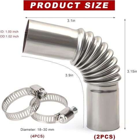 2 PCS 25mm Diesel Parking Air Heater Exhaust Pipe, Stainless Steel Exhaust Tube Elbow Connector with 4 Clamps, Flexible Air Diesel Parking Heater Fits for Most Vehicles in Kuwait