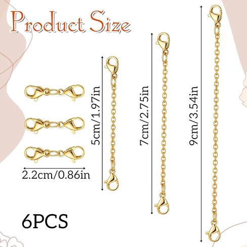 6 Pcs Gold Extender for Necklace Gold Chain Extender with 3 Pcs Double-Headed Lobster Clasp Stainless Steel Anklet Extenders for Necklace Bracelet Anklet (1.97 2.76 3.54Inch) in Saudi Arabia