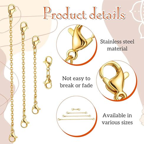 6 Pcs Gold Extender for Necklace Gold Chain Extender with 3 Pcs Double-Headed Lobster Clasp Stainless Steel Anklet Extenders for Necklace Bracelet Anklet (1.97 2.76 3.54Inch) in Saudi Arabia