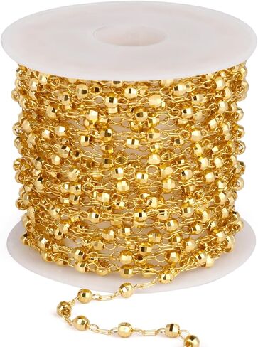 16.5FT Gold Satellite Jewelry Chain Roll, 3.5MM Diamond-Cut Ball Beaded Chain 18K Gold Plated Brass Cable Link Chains Spool Bulk for DIY Jewelry Making in Kuwait