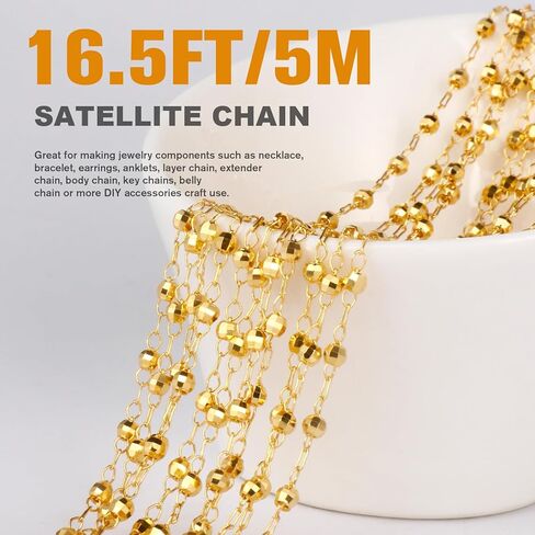 16.5FT Gold Satellite Jewelry Chain Roll, 3.5MM Diamond-Cut Ball Beaded Chain 18K Gold Plated Brass Cable Link Chains Spool Bulk for DIY Jewelry Making in Kuwait