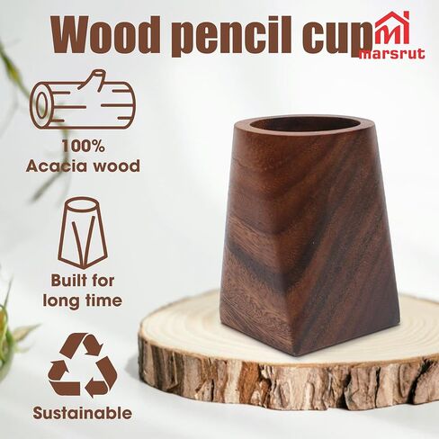 Wooden Pencil Holder, Walnut Wood Pen Cup, Desk Accessories, 4 Inch Organizer Caddy Stand, Vintage Rustic Box for Desktop, Men Supplies, Makeup Brushes, Stationery, Offices Decoration in Kuwait