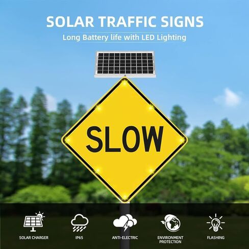 لافتة مرور وامضة LED تعمل بالطاقة الشمسية مقاس 24 بوصة - لافتة طريق بطيئة مضيئة مع ملحقات التثبيت، فيلم عاكس من الدرجة الهندسية، هيكل متين من الألومنيوم in Kuwait