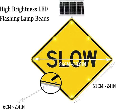 لافتة مرور وامضة LED تعمل بالطاقة الشمسية مقاس 24 بوصة - لافتة طريق بطيئة مضيئة مع ملحقات التثبيت، فيلم عاكس من الدرجة الهندسية، هيكل متين من الألومنيوم in Kuwait