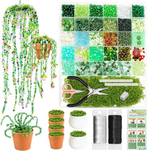 ZYNERY 5600pcs Beaded Plant Kit, Green Glass Beads, with A Full Set of Tools Green Beads Kit Glass for Making Succulent Jewelry and DIY Crafts Fridge Magnets in Kuwait
