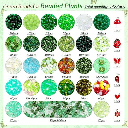 ZYNERY 5600pcs Beaded Plant Kit, Green Glass Beads, with A Full Set of Tools Green Beads Kit Glass for Making Succulent Jewelry and DIY Crafts Fridge Magnets in Kuwait