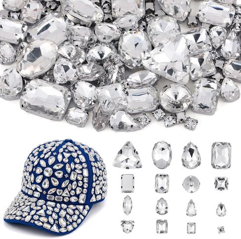 120 Pcs White Bedazzling Sew on Rhinestones Mixed Shape Charms Claw Flatback Glass Rhinestone with Metal Base Large Gems for Clothes Crafting Hats Large Costume Bags Gems Shoes Sewing Accessories in Saudi Arabia