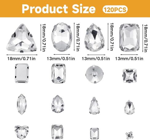 120 Pcs White Bedazzling Sew on Rhinestones Mixed Shape Charms Claw Flatback Glass Rhinestone with Metal Base Large Gems for Clothes Crafting Hats Large Costume Bags Gems Shoes Sewing Accessories in Saudi Arabia