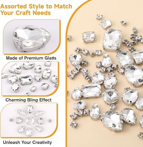 120 Pcs White Bedazzling Sew on Rhinestones Mixed Shape Charms Claw Flatback Glass Rhinestone with Metal Base Large Gems for Clothes Crafting Hats Large Costume Bags Gems Shoes Sewing Accessories in Saudi Arabia