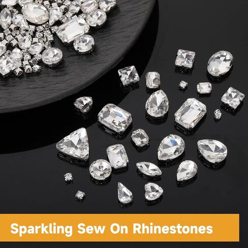 120 Pcs White Bedazzling Sew on Rhinestones Mixed Shape Charms Claw Flatback Glass Rhinestone with Metal Base Large Gems for Clothes Crafting Hats Large Costume Bags Gems Shoes Sewing Accessories in Saudi Arabia