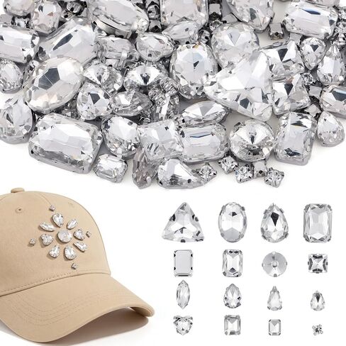 120 Pcs White Bedazzling Sew on Rhinestones Mixed Shape Charms Claw Flatback Glass Rhinestone with Metal Base Large Gems for Clothes Crafting Hats Large Costume Bags Gems Shoes Sewing Accessories in Saudi Arabia