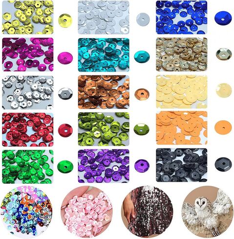 17000Pcs 4MM Loose Sequins Bulk, 15 Colors Rainbow Round Embroidery Sequins Cup with Holes for Sewing Craft Nails Decorations Art DIY in Saudi Arabia
