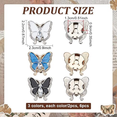 6Pcs 3 Colors Butterfly Button Covers Rhinestone Butterfly Button Covers Clip on Blouse Shirt Buttons No Sewing Cufflinks Garment Accessories for Men Women Shirt Sleeve Sewing Craft in Kuwait