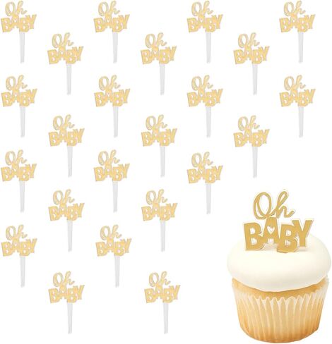 Oh Baby Cake Toppers, 24 Gold Cupcake Decorations, Cupcake Pics For Baby Shower, Birthday, Gender Reveal, Celebration - 24 Pack in Kuwait