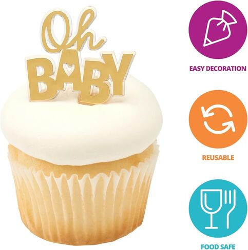Oh Baby Cake Toppers, 24 Gold Cupcake Decorations, Cupcake Pics For Baby Shower, Birthday, Gender Reveal, Celebration - 24 Pack in Kuwait