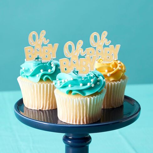 Oh Baby Cake Toppers, 24 Gold Cupcake Decorations, Cupcake Pics For Baby Shower, Birthday, Gender Reveal, Celebration - 24 Pack in Kuwait
