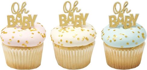 Oh Baby Cake Toppers, 24 Gold Cupcake Decorations, Cupcake Pics For Baby Shower, Birthday, Gender Reveal, Celebration - 24 Pack in Kuwait