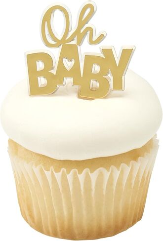 Oh Baby Cake Toppers, 24 Gold Cupcake Decorations, Cupcake Pics For Baby Shower, Birthday, Gender Reveal, Celebration - 24 Pack in Kuwait