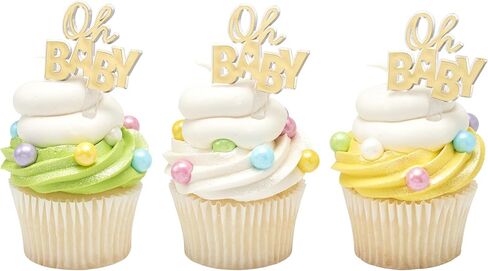 Oh Baby Cake Toppers, 24 Gold Cupcake Decorations, Cupcake Pics For Baby Shower, Birthday, Gender Reveal, Celebration - 24 Pack in Kuwait