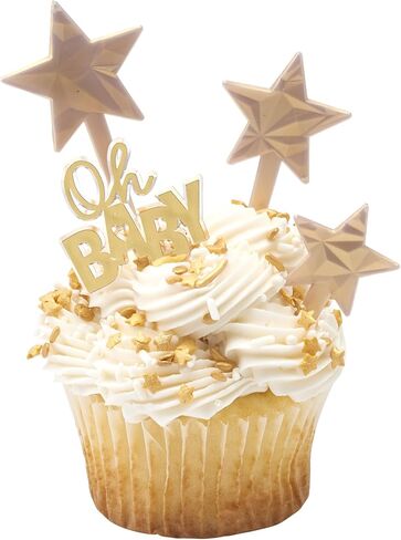 Oh Baby Cake Toppers, 24 Gold Cupcake Decorations, Cupcake Pics For Baby Shower, Birthday, Gender Reveal, Celebration - 24 Pack in Kuwait