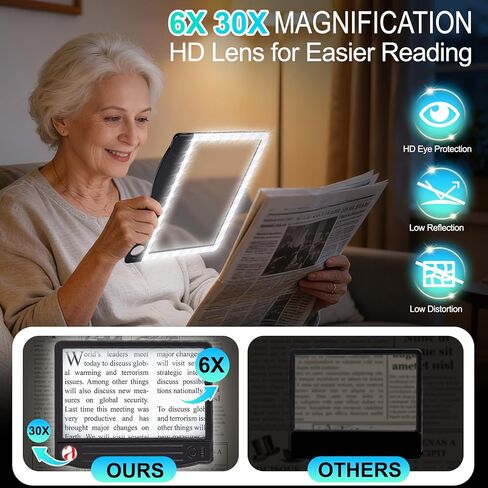 عدسة مكبرة قابلة لإعادة الشحن 6X 30X مع ضوء، عدسة مكبرة محمولة للقراءة، مكبر كبير للصفحة الكاملة مع ضوء، مكبر كتب خفيف الوزن لقراءة المطبوعات الصغيرة لكبار السن (4.3x7.1 بوصة) in Kuwait