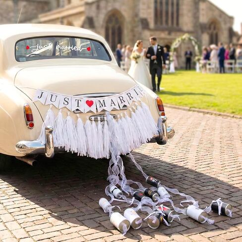 15 Pcs Just Married Wedding Car Decoration Kit – Black & White Handmade Aluminum Tin Cans with Ribbon, Bows ，Banner, Decals & Tassel, Vintage Classic Car Decor for Honeymoon Elegant Romantic Fashion in Saudi Arabia