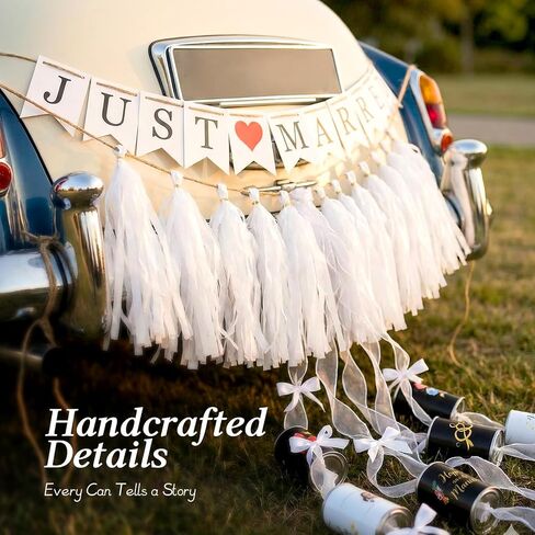15 Pcs Just Married Wedding Car Decoration Kit – Black & White Handmade Aluminum Tin Cans with Ribbon, Bows ，Banner, Decals & Tassel, Vintage Classic Car Decor for Honeymoon Elegant Romantic Fashion in Saudi Arabia