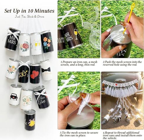 15 Pcs Just Married Wedding Car Decoration Kit – Black & White Handmade Aluminum Tin Cans with Ribbon, Bows ，Banner, Decals & Tassel, Vintage Classic Car Decor for Honeymoon Elegant Romantic Fashion in Saudi Arabia