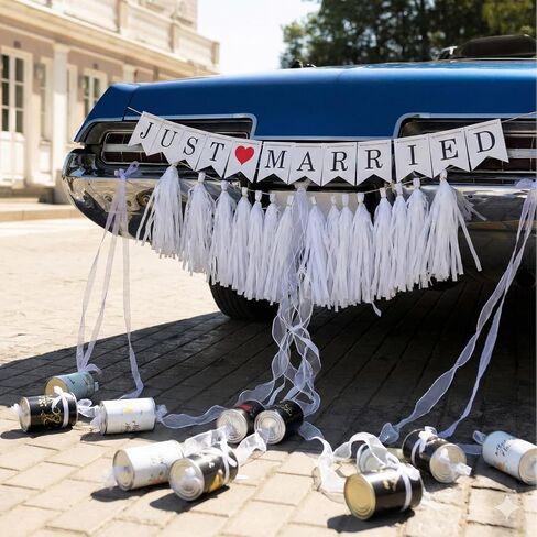 15 Pcs Just Married Wedding Car Decoration Kit – Black & White Handmade Aluminum Tin Cans with Ribbon, Bows ，Banner, Decals & Tassel, Vintage Classic Car Decor for Honeymoon Elegant Romantic Fashion in Saudi Arabia