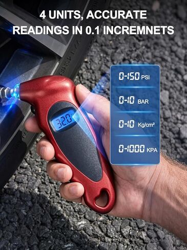 Digital Tire Pressure Gauge 150 PSI, Accurate in 0.1 Increments,1 Pack Tire Pressure Gauge with Backlight LCD, 4 Units (PSI/Bar/Kgf/cm²/KPA) Applicable to Car Truck Bicycle, Red in Kuwait