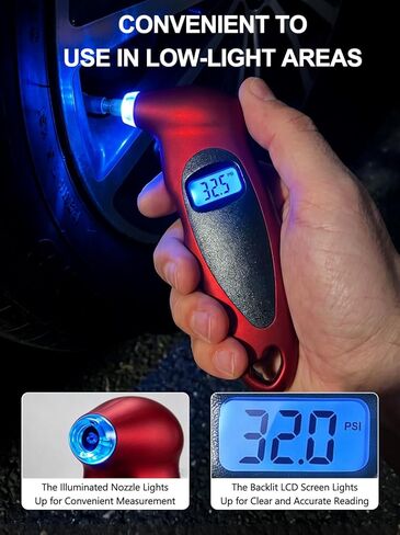 Digital Tire Pressure Gauge 150 PSI, Accurate in 0.1 Increments,1 Pack Tire Pressure Gauge with Backlight LCD, 4 Units (PSI/Bar/Kgf/cm²/KPA) Applicable to Car Truck Bicycle, Red in Kuwait