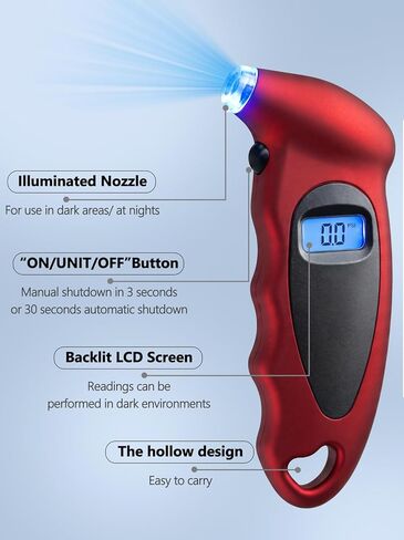 Digital Tire Pressure Gauge 150 PSI, Accurate in 0.1 Increments,1 Pack Tire Pressure Gauge with Backlight LCD, 4 Units (PSI/Bar/Kgf/cm²/KPA) Applicable to Car Truck Bicycle, Red in Kuwait