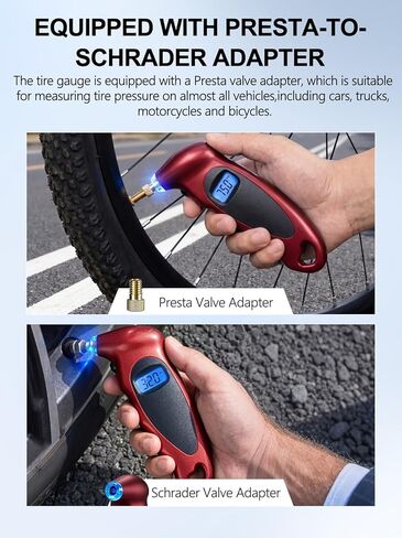 Digital Tire Pressure Gauge 150 PSI, Accurate in 0.1 Increments,1 Pack Tire Pressure Gauge with Backlight LCD, 4 Units (PSI/Bar/Kgf/cm²/KPA) Applicable to Car Truck Bicycle, Red in Kuwait