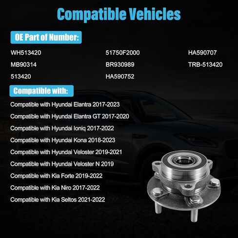 513420 Front or Rear Wheel Hub Bearing Assembly for Hyundai Elantra 17-23,Kona 18-23,for Hyundai Veloster 19-21,for Veloster N 19,for Kia Forte 19-22, NIRO 17-22,for Kia Seltos 21-22 in Kuwait