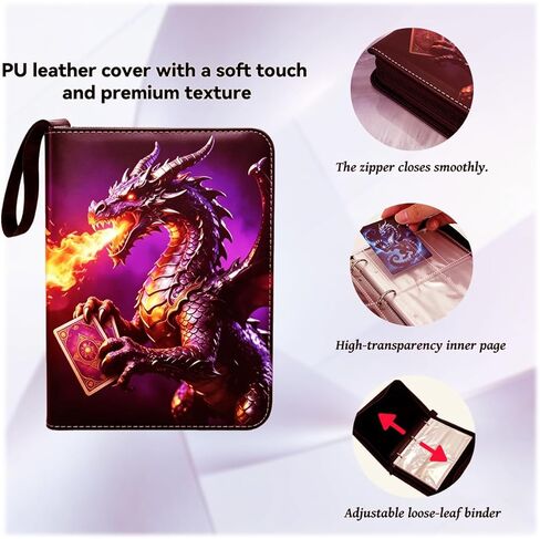 4 Pocket Card Binder with 50 High-transparency Removable Sleeves(Hold 400 Cards),PU Cover Trading Card Binder Premium Zip-Game Card Case book for Gift (Red-Black, Medium) in Kuwait