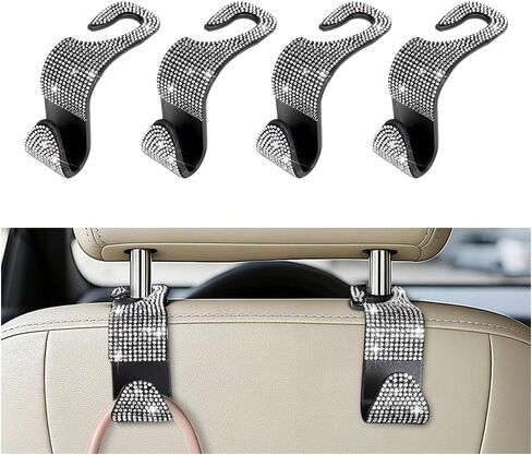 4PCS Bling Car Seat Headrest Hooks, Crystal Rhinestone Vehicle Back Seat Hanger Holder, Auto Interior Headrest Hanging Storage Organizer for Purse Handbag Coat, Universal Fit (Black/Pink) in Kuwait