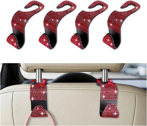 4PCS Bling Car Seat Headrest Hooks, Crystal Rhinestone Vehicle Back Seat Hanger Holder, Auto Interior Headrest Hanging Storage Organizer for Purse Handbag Coat, Universal Fit (Black/Pink) in Kuwait
