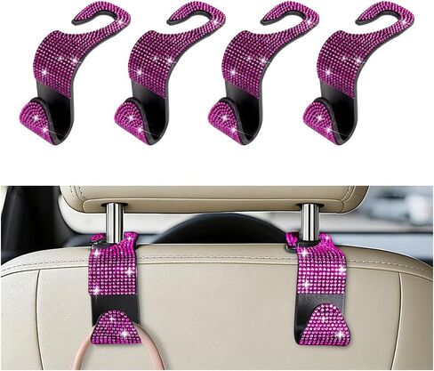 4PCS Bling Car Seat Headrest Hooks, Crystal Rhinestone Vehicle Back Seat Hanger Holder, Auto Interior Headrest Hanging Storage Organizer for Purse Handbag Coat, Universal Fit (Black/Pink) in Kuwait