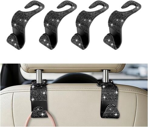 4PCS Bling Car Seat Headrest Hooks, Crystal Rhinestone Vehicle Back Seat Hanger Holder, Auto Interior Headrest Hanging Storage Organizer for Purse Handbag Coat, Universal Fit (Black/Pink) in Kuwait