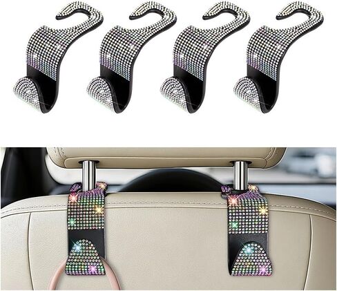 4PCS Bling Car Seat Headrest Hooks, Crystal Rhinestone Vehicle Back Seat Hanger Holder, Auto Interior Headrest Hanging Storage Organizer for Purse Handbag Coat, Universal Fit (Black/Pink) in Kuwait