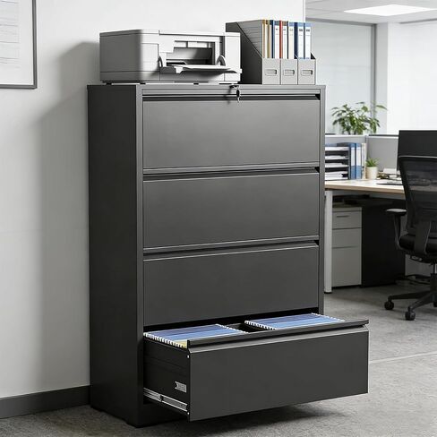 Industrial 36" W Premium Lateral File Cabinet with Lock, Metal Filing Cabinets, Adjustable Hangrails for A4, Legal, Letter Files, Black in Saudi Arabia