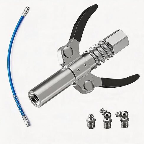 Grease Gun Coupler with 12" Flexible Hose, Heavy Duty Double Handle G Coupler, 10000 PSI Leak-Proof Grease Gun Attachment with 3 PCS M10 Grease Fittings for Automotive, Farm & Industrial Use in Saudi Arabia