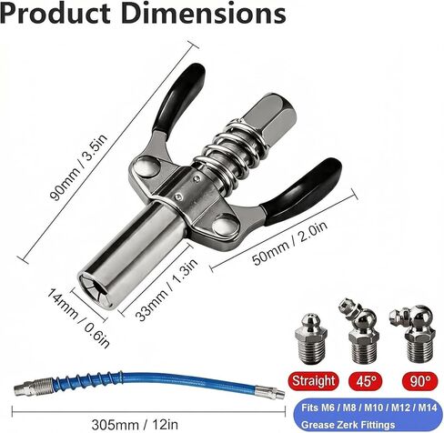 Grease Gun Coupler with 12" Flexible Hose, Heavy Duty Double Handle G Coupler, 10000 PSI Leak-Proof Grease Gun Attachment with 3 PCS M10 Grease Fittings for Automotive, Farm & Industrial Use in Saudi Arabia
